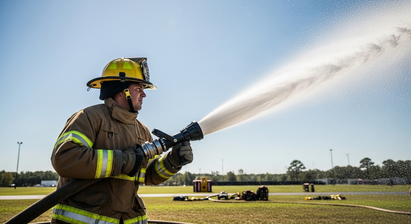 Firefighters in turnout gear at a training site